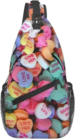 Valentines Day Candy Hearts Crossbody Sling Bag For Women Men Fashion Adjustable Chest Bag Shoulder Bag Sling Backpack Daypack For Sport Travel Hiking