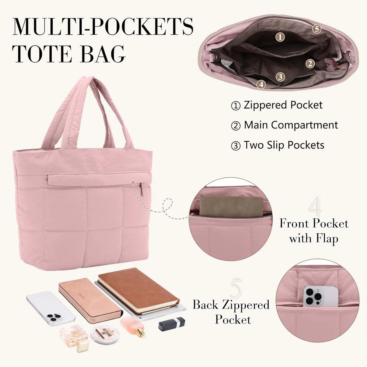 VASCHY Small Puffer Tote Bag for Women, Lightweight Mini Quilted Crossbody Cute Satchel Puffy Tote Handbag Purse for Gym
