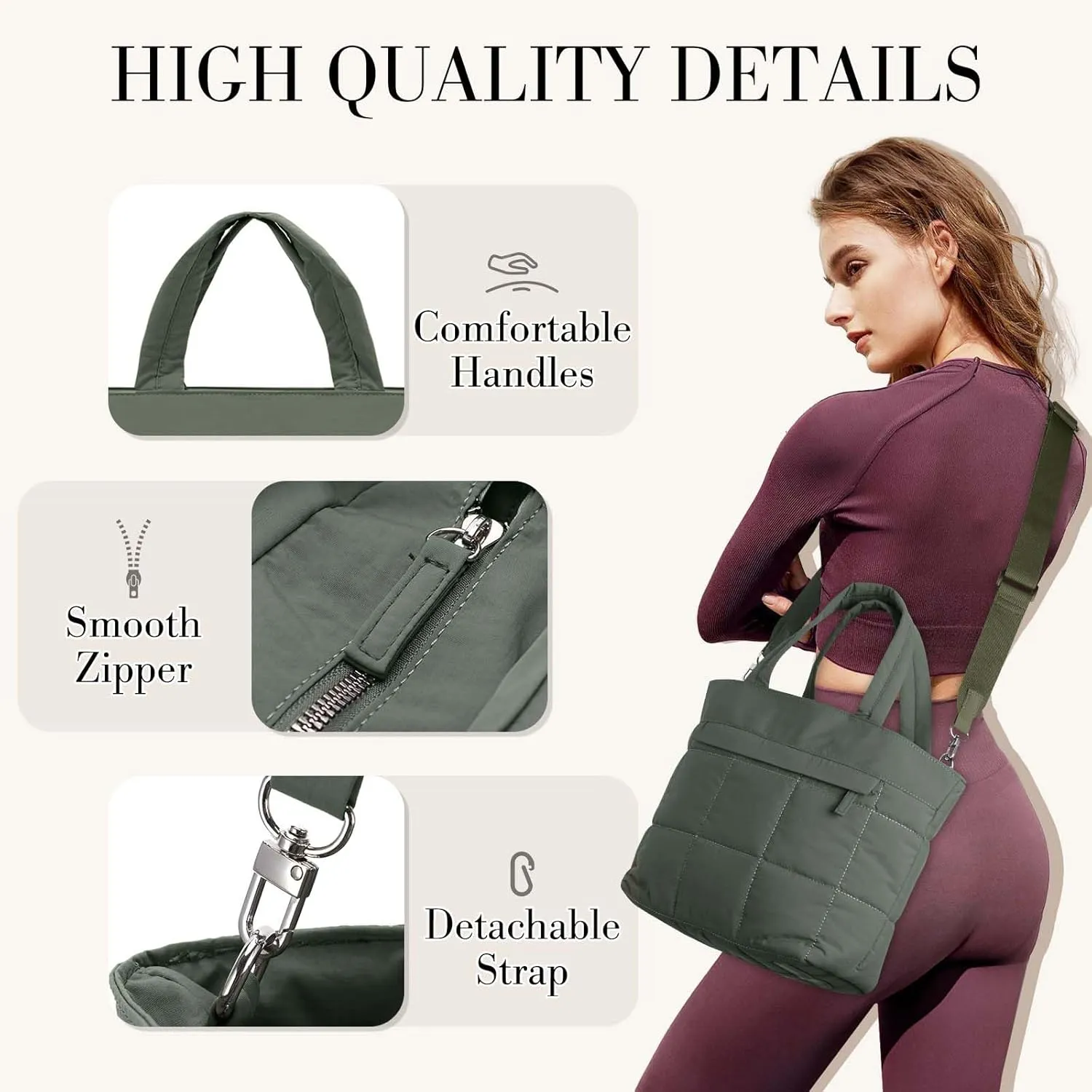 VASCHY Small Puffer Tote Bag for Women, Lightweight Mini Quilted Crossbody Cute Satchel Puffy Tote Handbag Purse for Gym