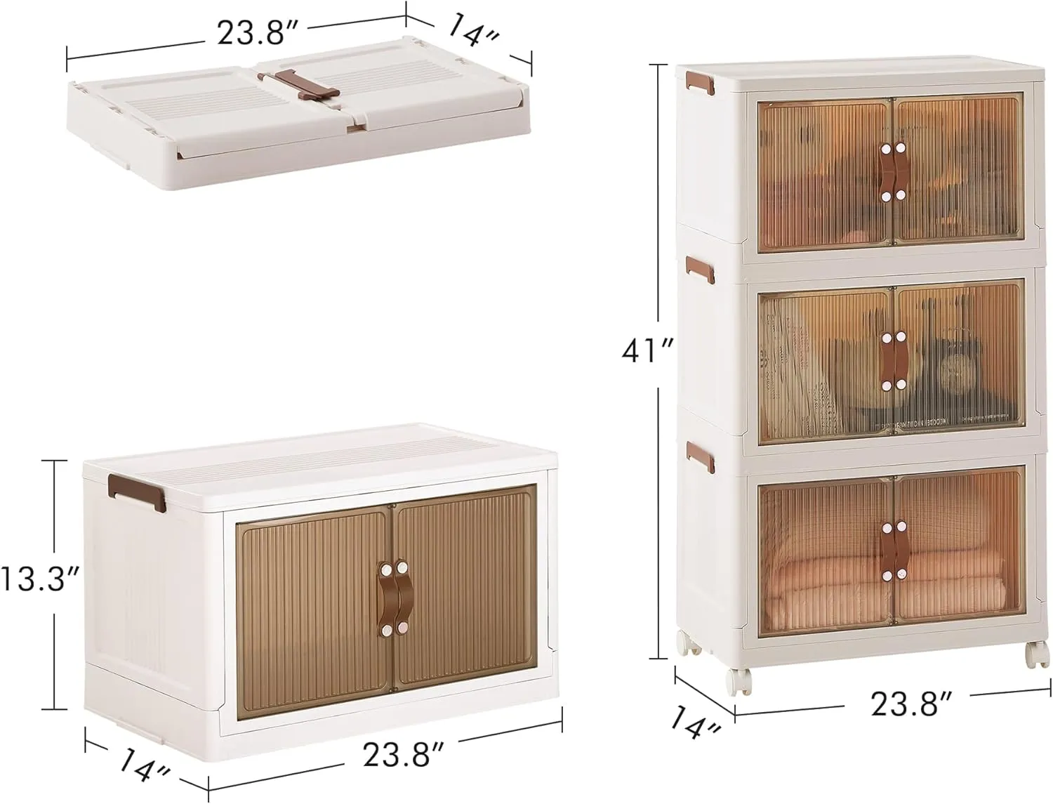 VECELO 20 Gal Stackable Storage Bins with Lid, 3 Pack Plastic Collapsible Storage Cabinet, Foldable Folding Box Organizer/Storage Container Cart with Wheel and Door for Home Office, White