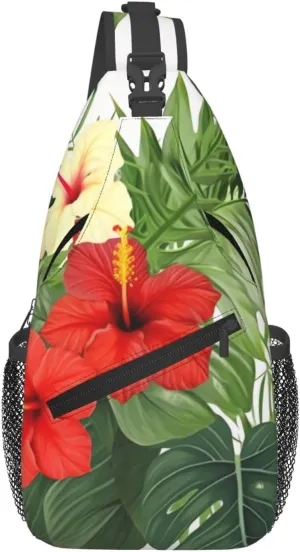 Vegetation Leaves with Hibiscus Flowers Sling Backpack Cross Chest Bag Travel Crossbody Bags for Men Women Fashion Daypack