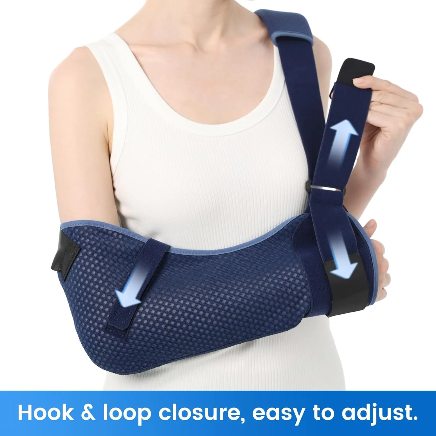 Velpeau Arm Sling Shoulder Immobilizer with Waist Strap, Ventilated & Breathable Design, Arm Support Brace for Shoulder, Rotator Cuff, Elbow, Hand injury (Mesh Version, Blue, Right, S: Bust 25-30.5″)