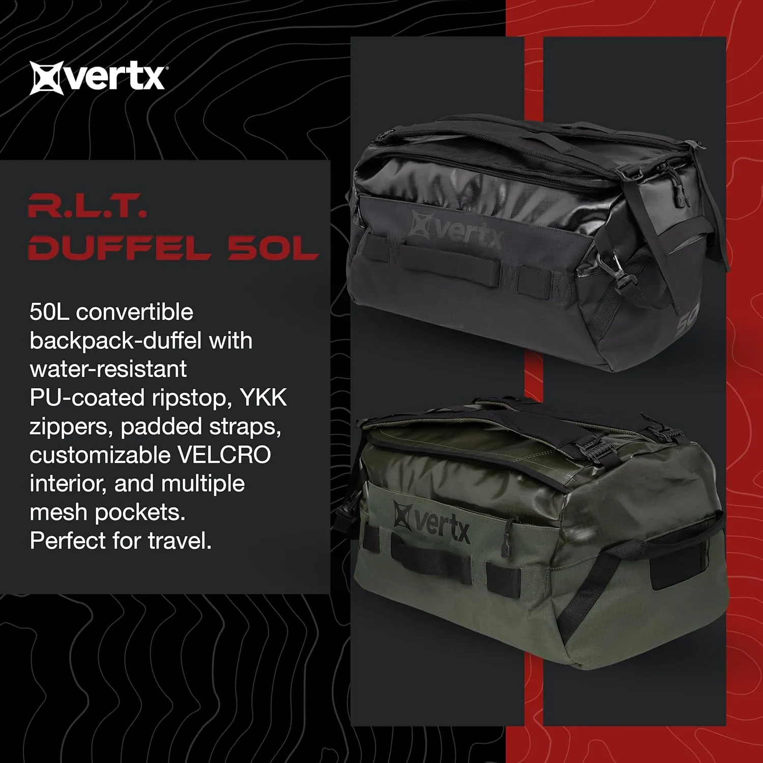 Vertx RLT Tactical Travel Duffel Bag Backpack for Men and Women, Compatible with Vertx Tactigami for Survival EDC Gear, CCW Concealed Carry, Hunting Luggage, 50L, OD Green
