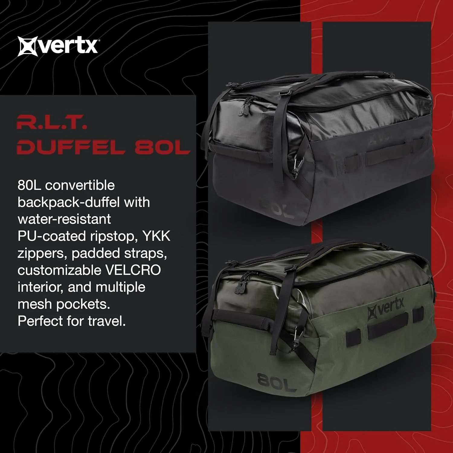 Vertx RLT Tactical Travel Duffel Bag Backpack for Men and Women, Compatible with Vertx Tactigami for Survival EDC Gear, CCW Concealed Carry, Hunting Luggage, 80L, OD Green