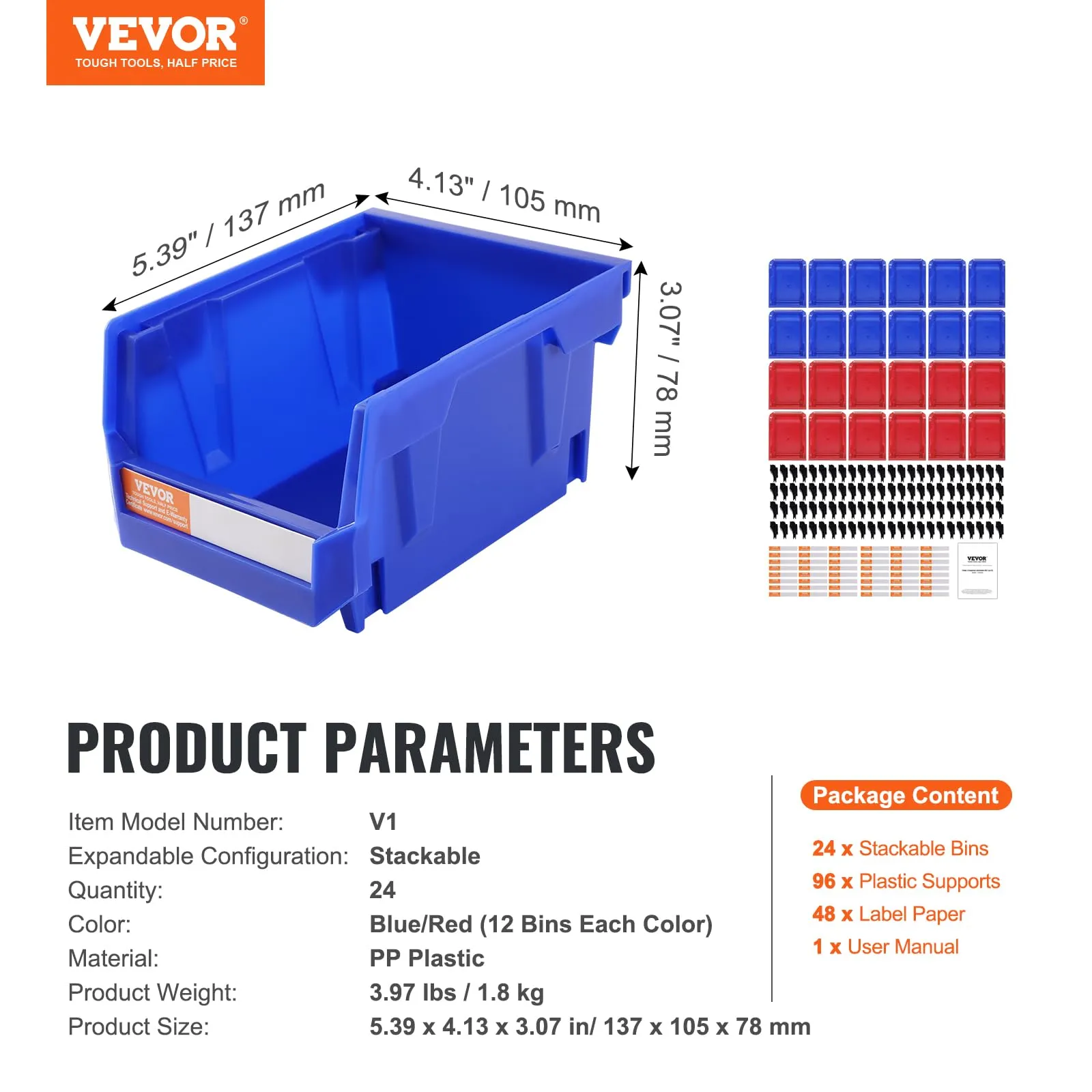 VEVOR Plastic Stackable Storage Bins 24 Pack (5 x 4 x 3-Inch), Hanging Stackable Storage Organizer Bins, Heavy Duty Stacking Containers for Closet,