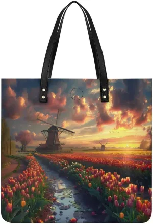 Vibrant Tulips Field with Dutch Windmills Leather Tote Bag for Women Men Shoulder Bag Casual Handbag Work Bag 39x39cm