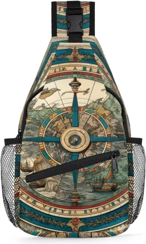 Vintage Compass Sling Bag for Women Men, Waterproof Crossbody Sling Backpack Travel Outdoor Sports Chest Bag