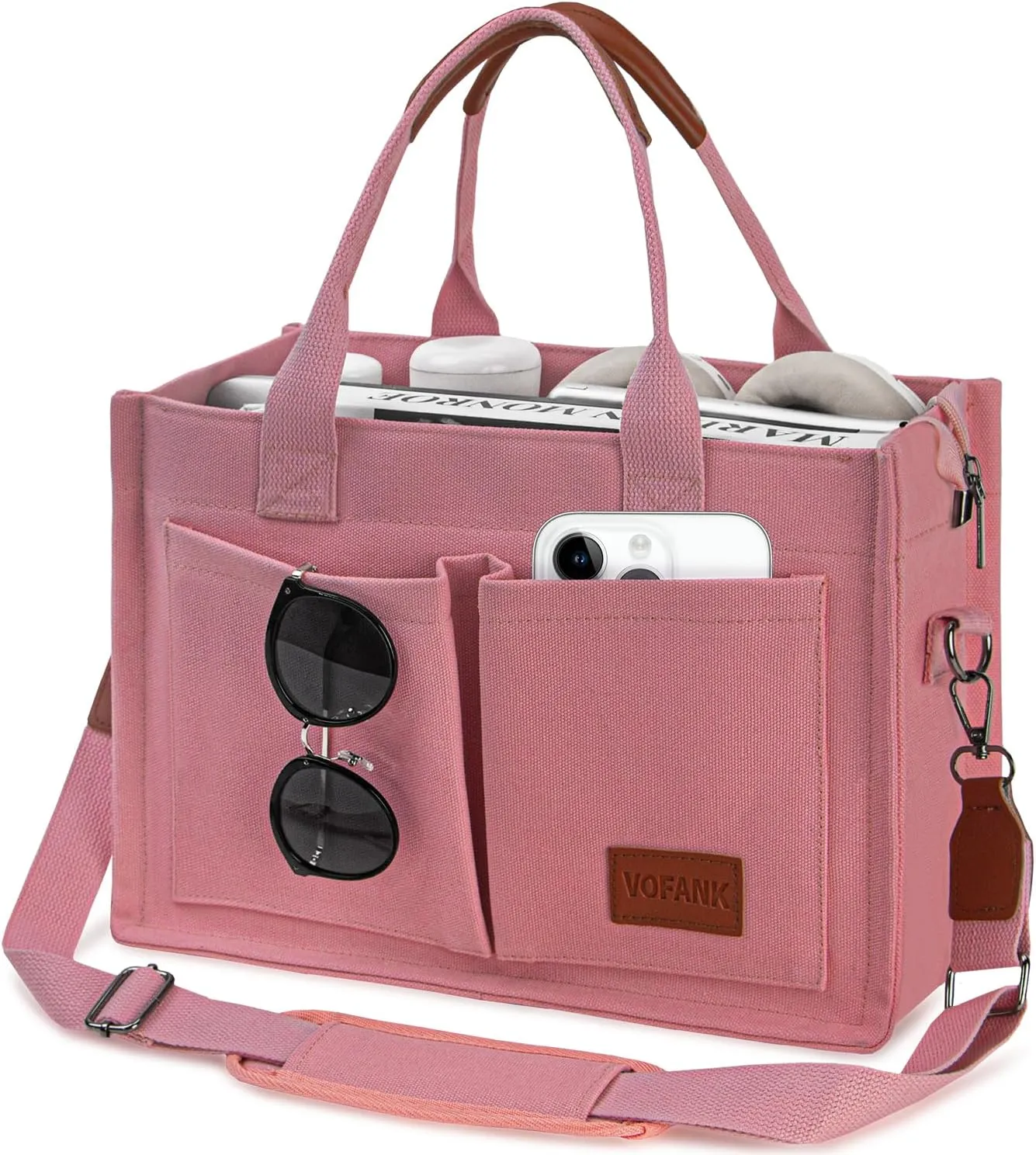 VOFANK Large Canvas Tote Bag for Women with Zipper, Multi Pockets, Compartments and Everything Bag Handbag (Pink)