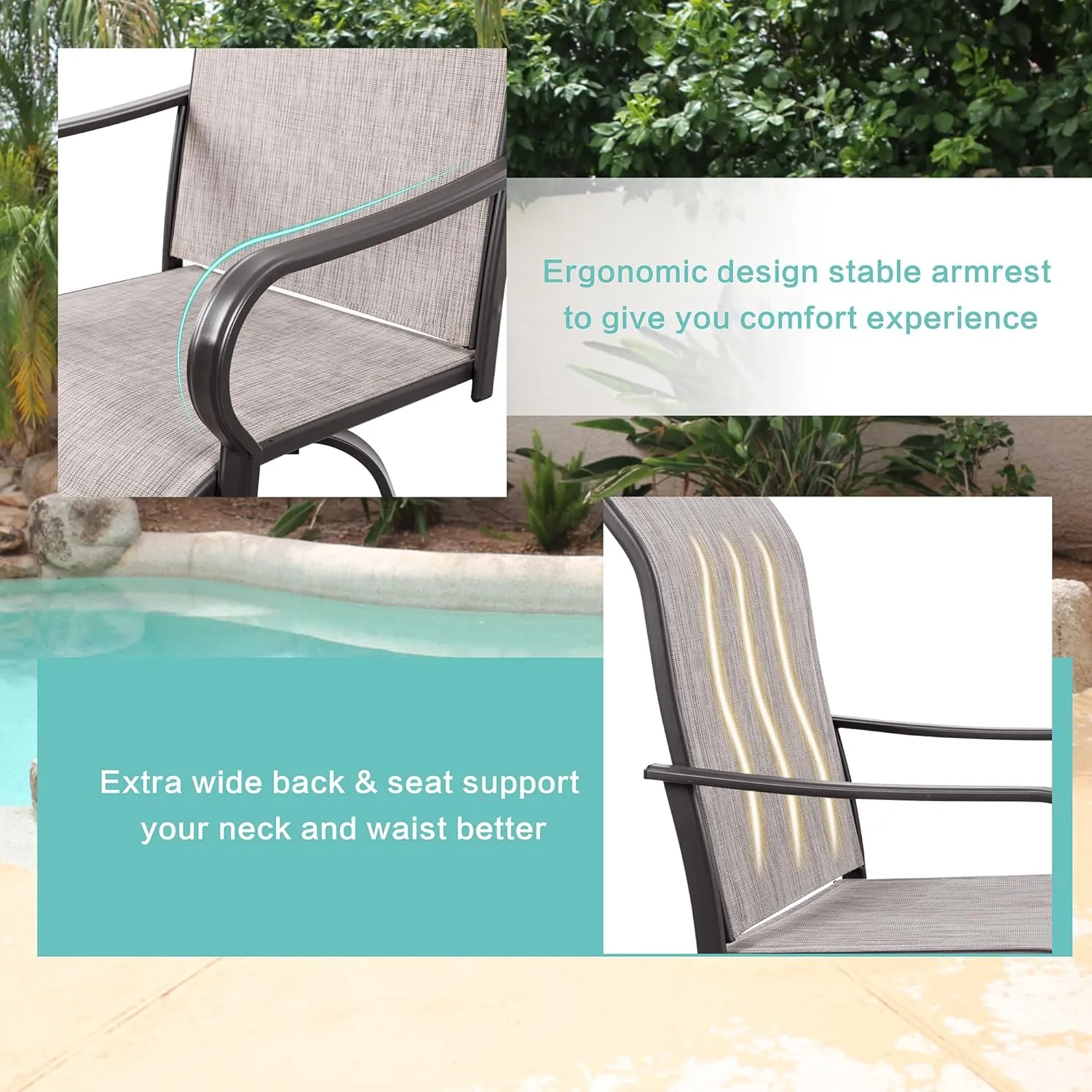 Vongrasig 2 Piece Patio Swivel Bar Chairs, All Weather Metal Textile High Swivel Bar Stools Chairs, Outdoor High Top Bistro Set for Backyard, Lawn Garden, Balcony, Taupe