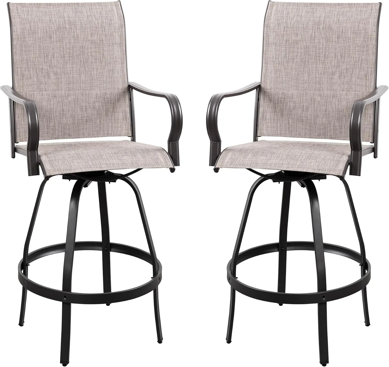 Vongrasig 2 Piece Patio Swivel Bar Chairs, All Weather Metal Textile High Swivel Bar Stools Chairs, Outdoor High Top Bistro Set for Backyard, Lawn Garden, Balcony, Taupe
