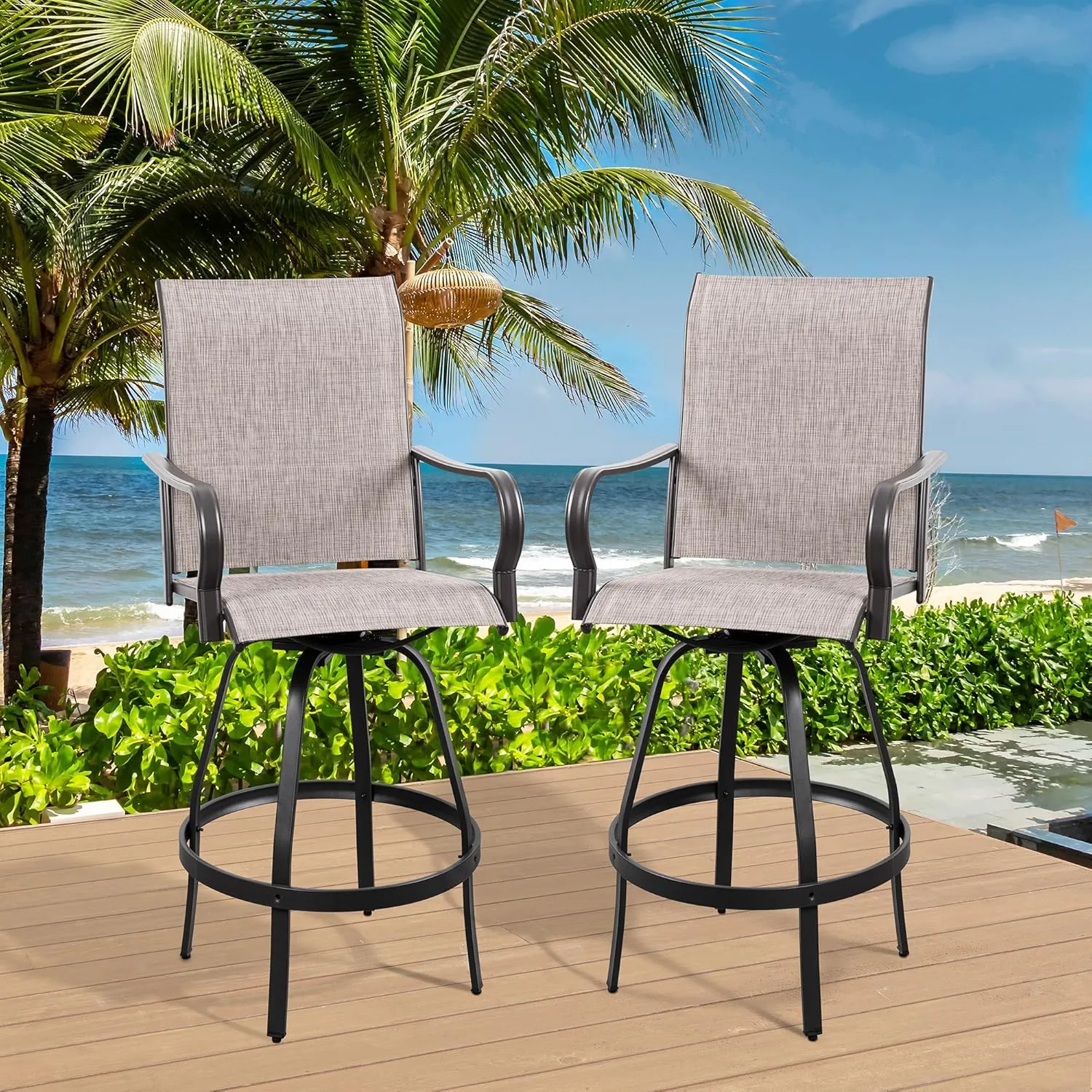 Vongrasig 2 Piece Patio Swivel Bar Chairs, All Weather Metal Textile High Swivel Bar Stools Chairs, Outdoor High Top Bistro Set for Backyard, Lawn Garden, Balcony, Taupe