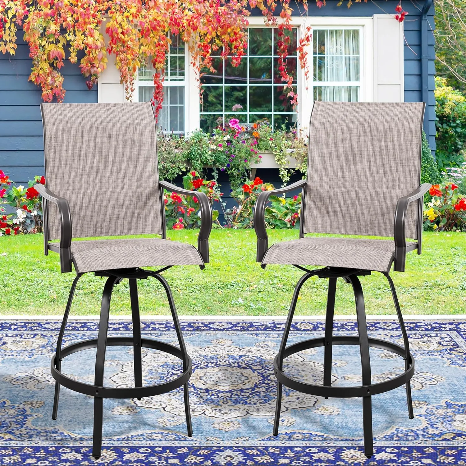 Vongrasig 2 Piece Patio Swivel Bar Chairs, All Weather Metal Textile High Swivel Bar Stools Chairs, Outdoor High Top Bistro Set for Backyard, Lawn Garden, Balcony, Taupe