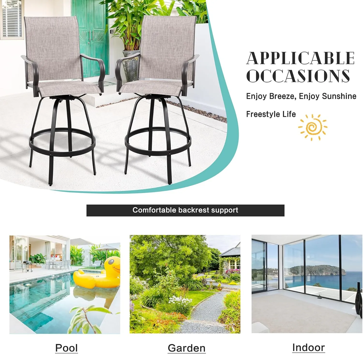 Vongrasig 2 Piece Patio Swivel Bar Chairs, All Weather Metal Textile High Swivel Bar Stools Chairs, Outdoor High Top Bistro Set for Backyard, Lawn Garden, Balcony, Taupe