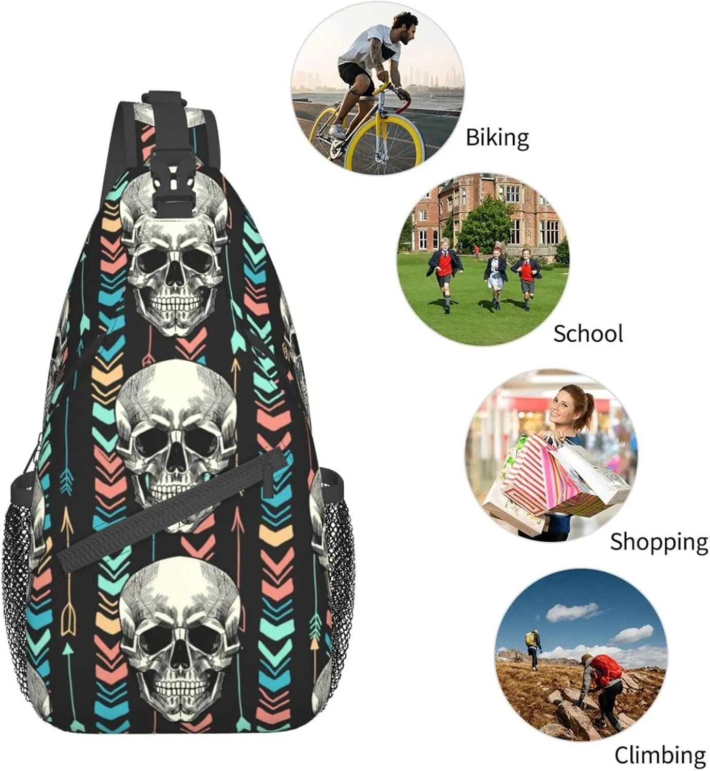 VOOHDDY Skull Aztec Tribal Arrow Sling Bag For Women Men Travel Hiking Backpack Crossbody Shoulder Chest Bags Casual Daypack Sport