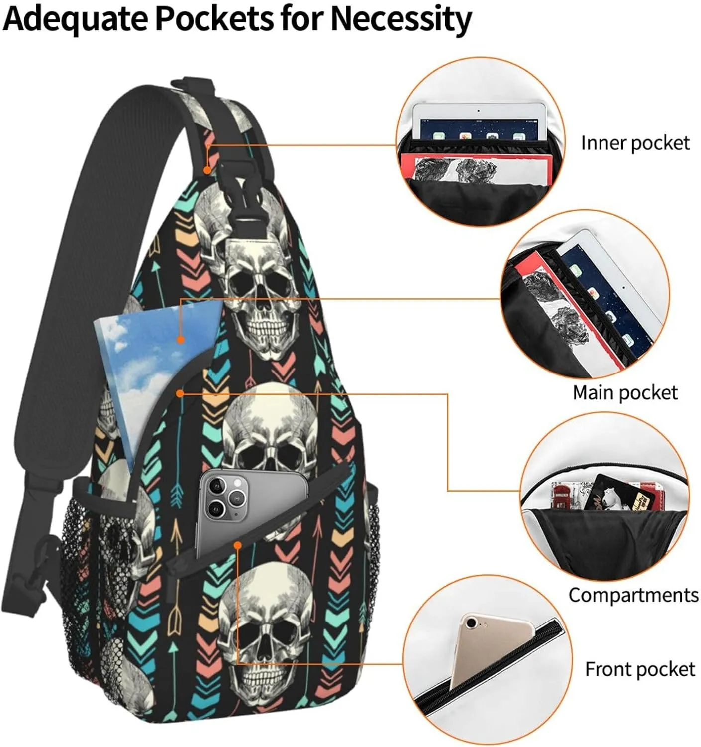 VOOHDDY Skull Aztec Tribal Arrow Sling Bag For Women Men Travel Hiking Backpack Crossbody Shoulder Chest Bags Casual Daypack Sport