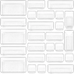 Vtopmart 25 PCS Clear Plastic Drawer Organizers Set, 4-Size Versatile Bathroom and Vanity Drawer Organizer Trays, Storage Bins for Makeup, Bedroom, Kitchen Gadgets Utensils and Office