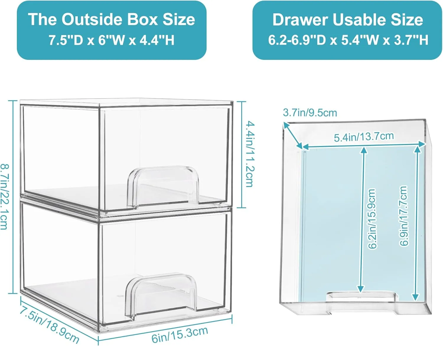 Vtopmart 4 Pack Clear Stackable Storage Drawers, 4.4'' Tall Acrylic Bathroom Makeup Organizer,Plastic Storage Bins For Vanity, Undersink, Kitchen Cabinets, Pantry, Home Organization