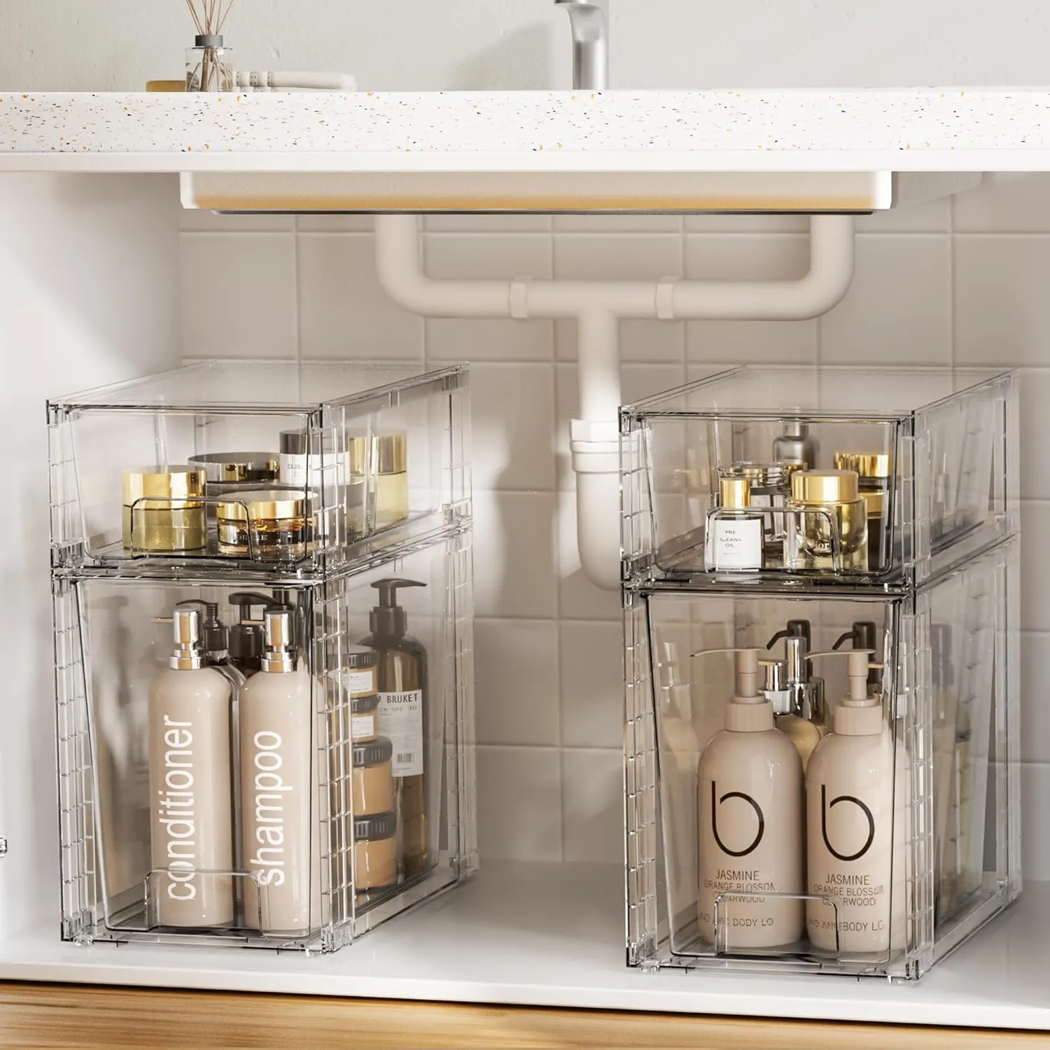 Vtopmart 4 Pack Clear Stackable Storage Drawers,9.7" High Plastic Organizers Bins for Skincare, Bathroom Supplies,Ideal for Cabinet,Undersink,Vanity,Kitchen,Pantry Organization