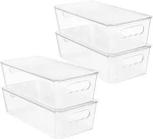 Vtopmart 4pcs Clear Organizers and Storage Bins with Lids, Stackable Plastic Storage Containers with Handles for Fridge, Freezer, Pantry, Cabinet, Kitchen Organization