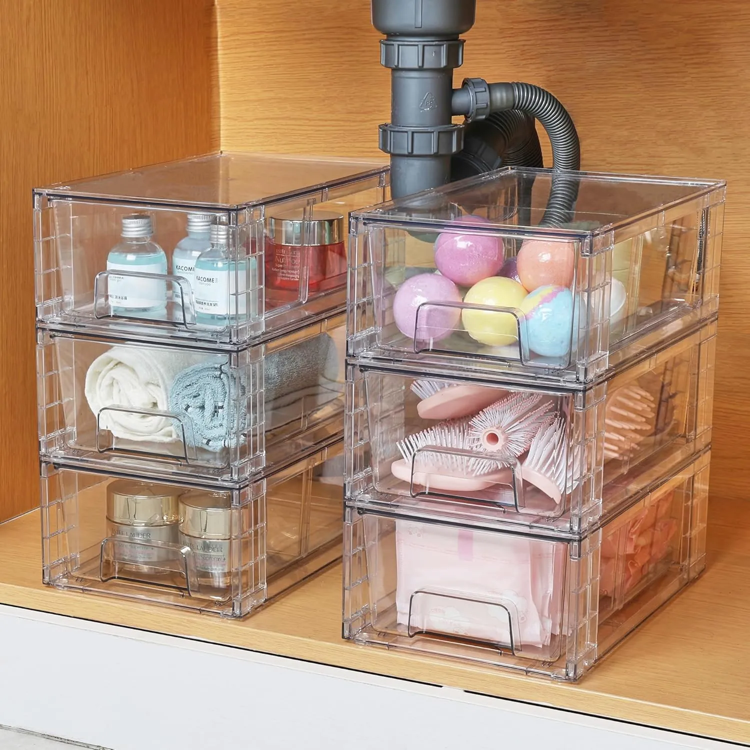 Vtopmart 6 Pack Stackable Storage Drawers,Clear Acrylic Drawer Organizers with Handles, Easily Assemble Containers for Fridge, Bathroom,Kitchen Undersink,Cabinet,Pantry Organization and Storage