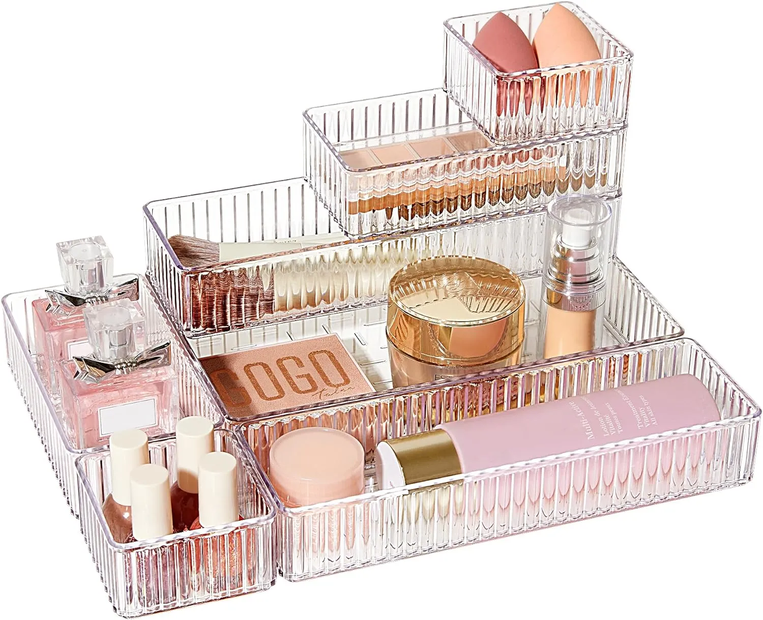 Vtopmart 7 PCS Clear Drawer Organizers Bins, 4-Size Stackable Makeup and Vanity Drawer Organizer Trays, Acrylic Bathroom Drawer Storage Containers for Cosmetic, Office Supply, Kitchen Utensils Gadgets