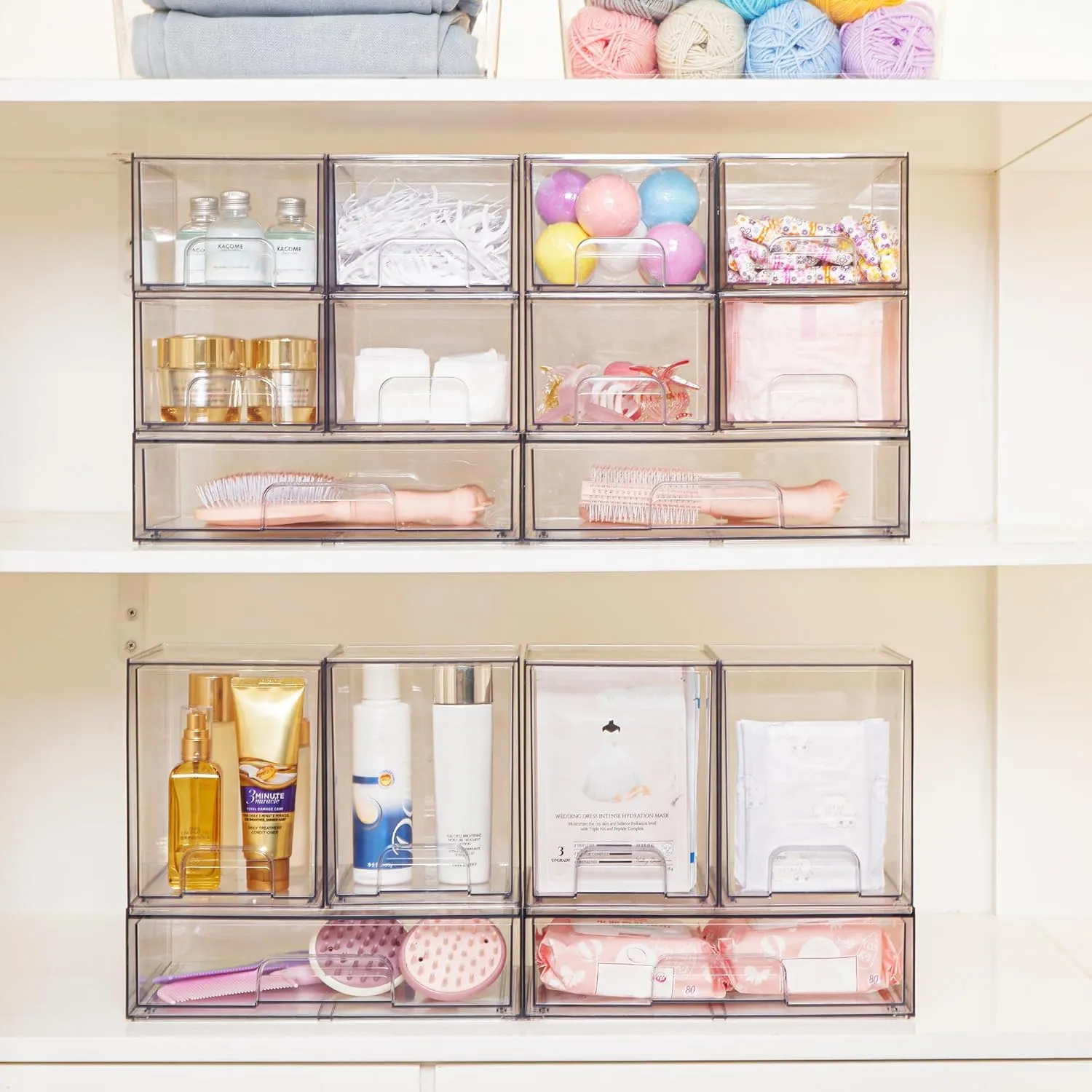 Vtopmart 7.6" H Clear Stackable Storage Drawers, 4 Pack Plastic Organizers Bins for Skincare, Cosmetics,Beauty Supplies,Ideal for Vanity, Bathroom,Kitchen Countertop,Cabinet Organization