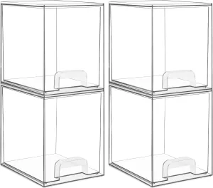 Vtopmart 7.6" H Clear Stackable Storage Drawers, 4 Pack Plastic Organizers Bins for Skincare, Cosmetics,Beauty Supplies,Ideal for Vanity, Bathroom,Kitchen Countertop,Cabinet Organization