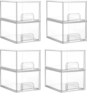 Vtopmart 8 Pack Clear Stackable Storage Drawers, 4.4'' Tall Acrylic Bathroom Makeup Organizer,Plastic Storage Bins For Vanity, Undersink, Kitchen Cabinets, Pantry, Home Organization
