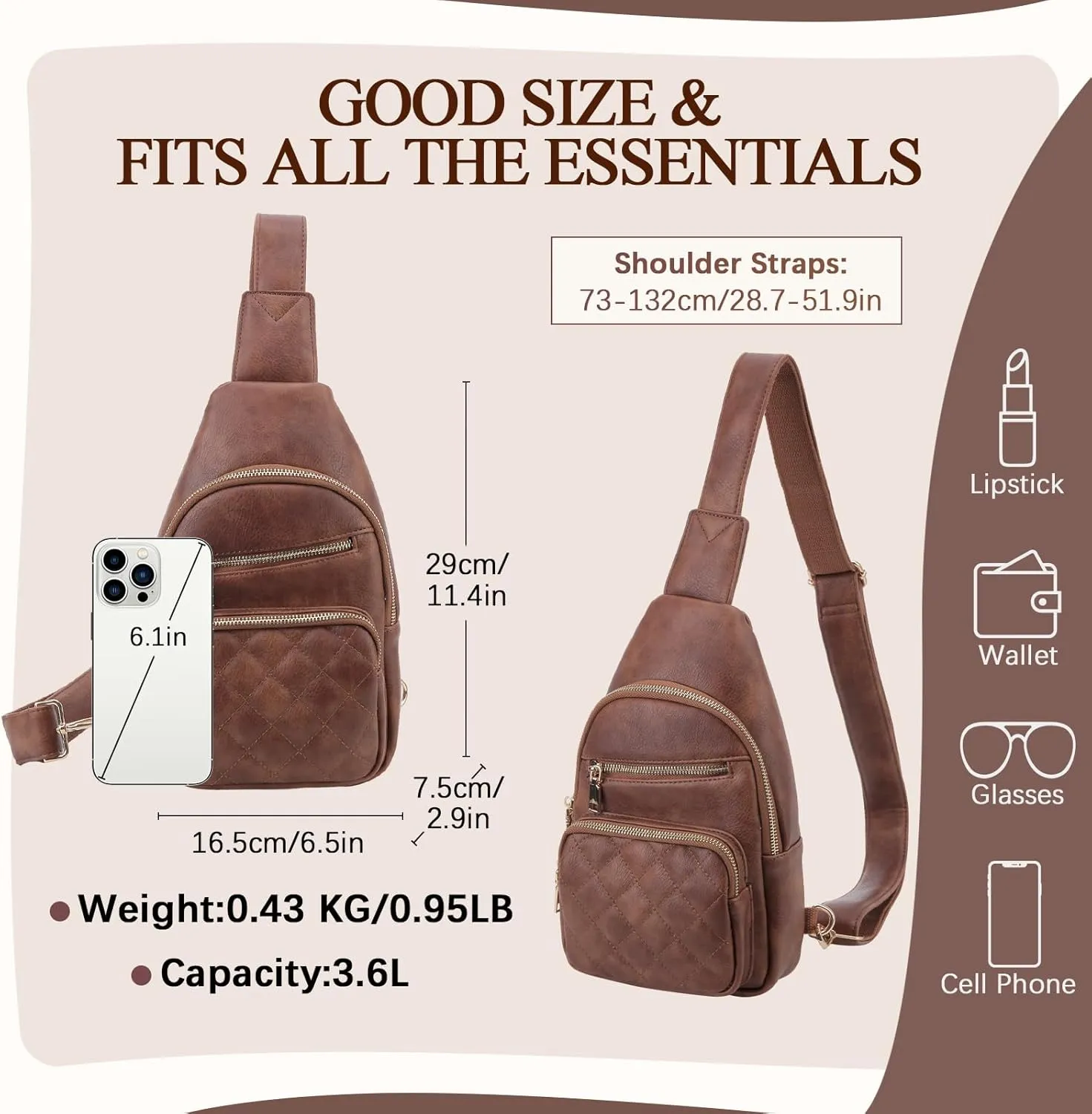 VX VONXURY Sling Bag for Women, PU Leather Crossbody Fanny Packs, Multipurpose Chest Bag with Adjustable Strap