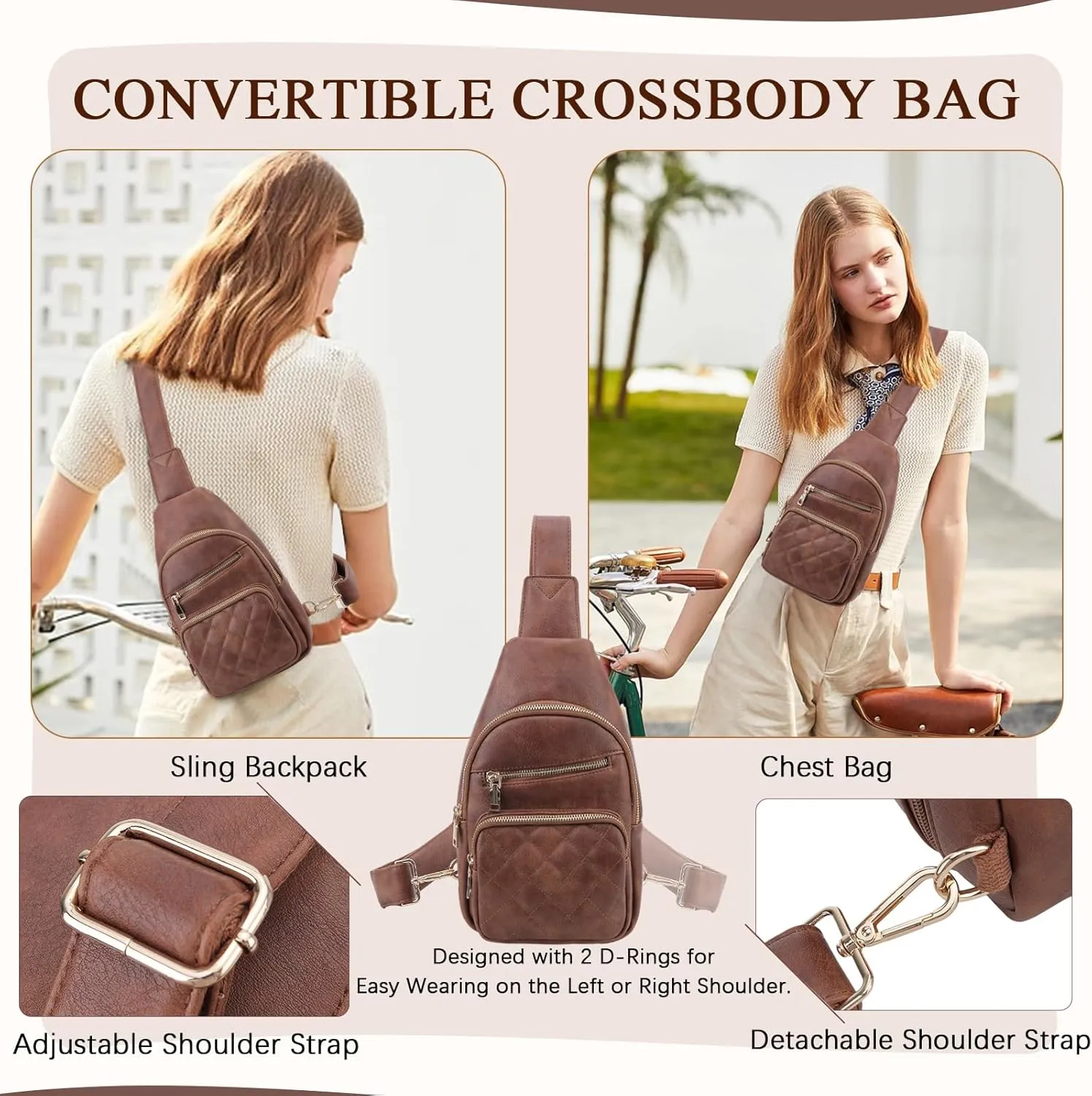 VX VONXURY Sling Bag for Women, PU Leather Crossbody Fanny Packs, Multipurpose Chest Bag with Adjustable Strap