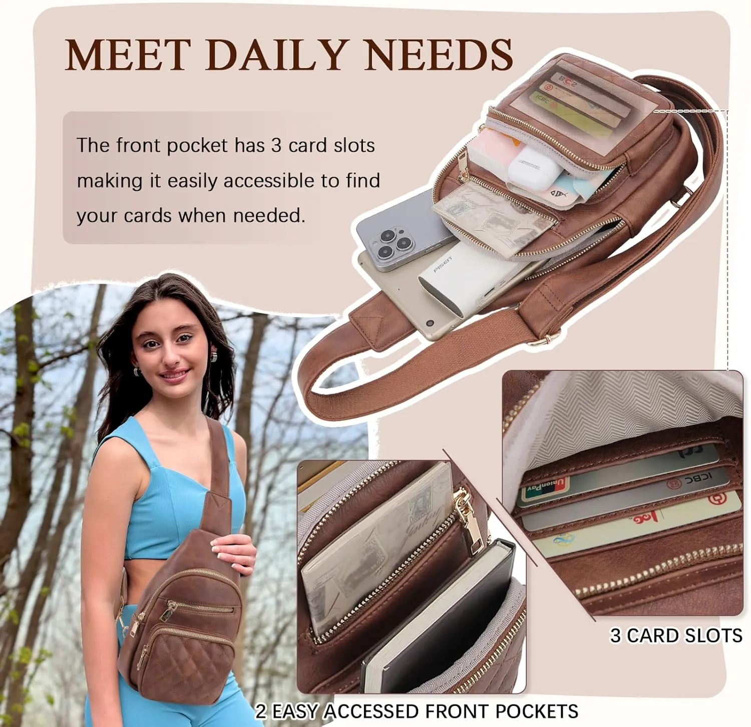 VX VONXURY Sling Bag for Women, PU Leather Crossbody Fanny Packs, Multipurpose Chest Bag with Adjustable Strap