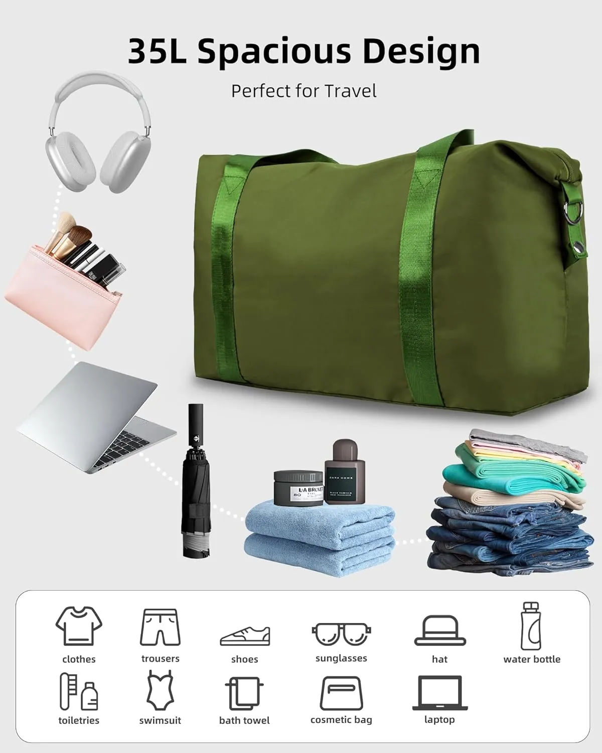 WALNEW Travel Duffle Bag for Women - Water-resistant Duffle Bag with Wet Pocket, Carry On Personal Item Travel Bag, Weekender Overnight Bag, Hospital Bag for Women Labor Delivery, Green