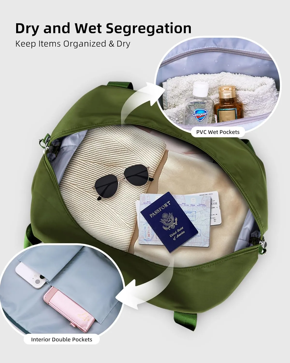 WALNEW Travel Duffle Bag for Women - Water-resistant Duffle Bag with Wet Pocket, Carry On Personal Item Travel Bag, Weekender Overnight Bag, Hospital Bag for Women Labor Delivery, Green