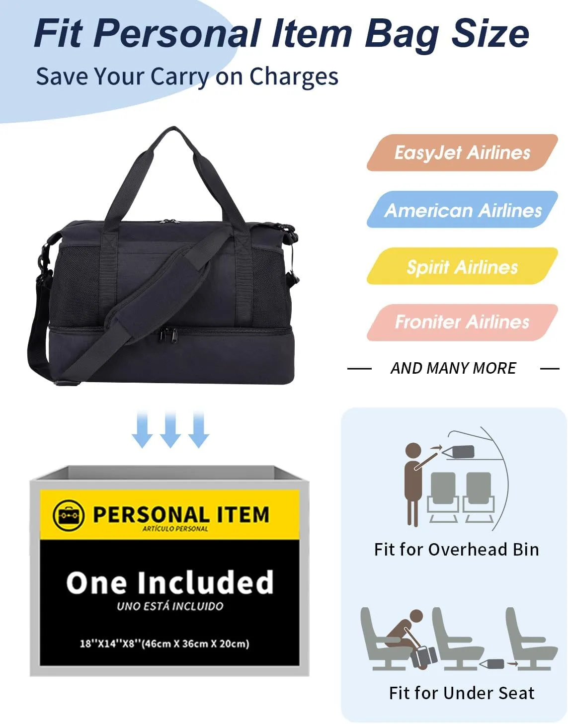 Wandering Nature For Spirit Airlines Personal Item Bag 18x14x8 Travel Duffel Bag Underseat Carry on Luggage with Shoe Compartment Wet Pocke Toiletry Pouch for Women Men Patent Pending