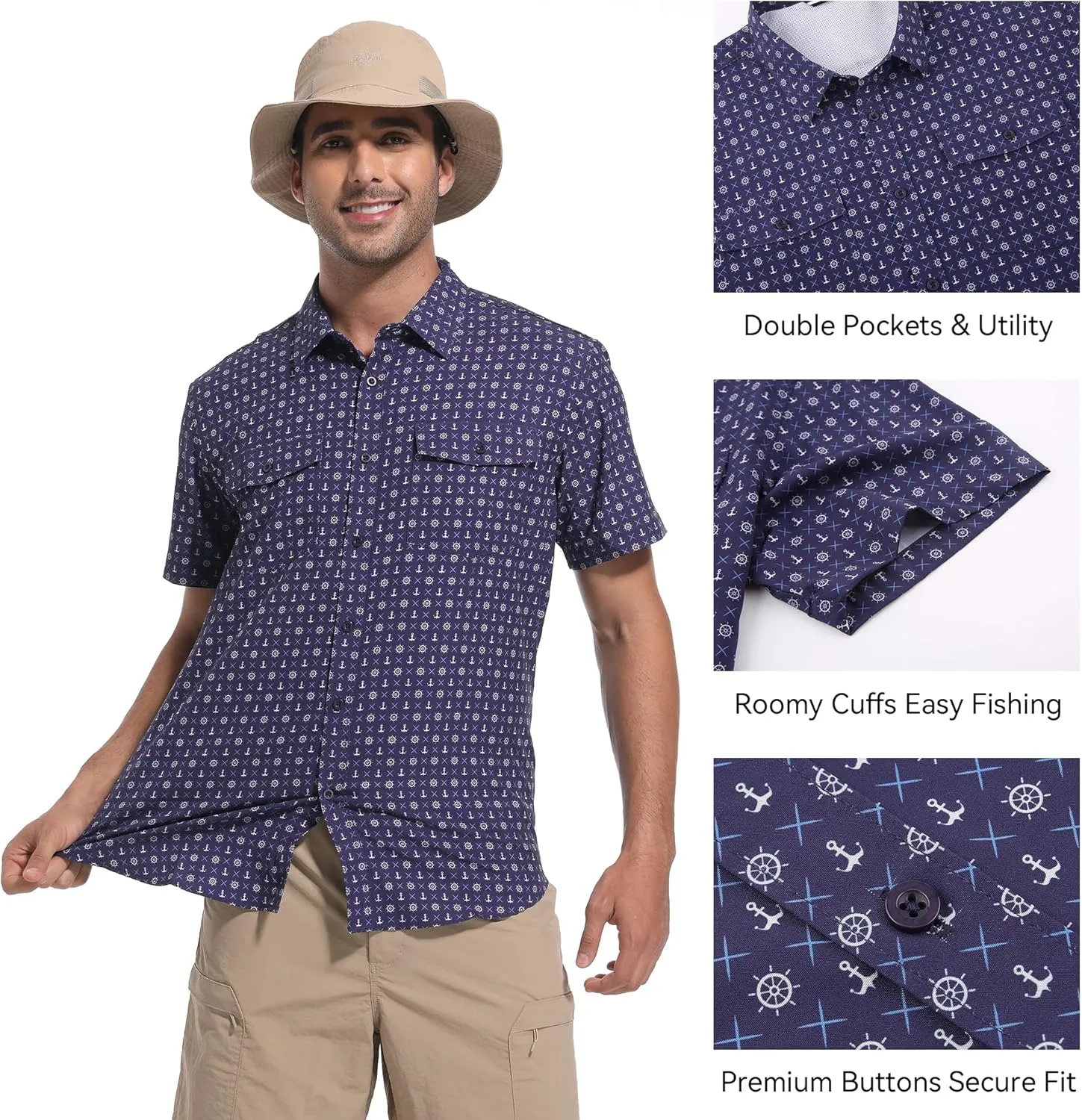 WARHORSEE Printed Fishing Shirts for Men UPF 50  Breathable Stretch Mens Button Down Short Sleeve Hiking Casual Shirts