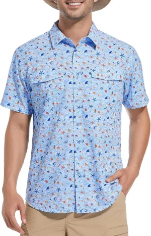 WARHORSEE Printed Fishing Shirts for Men UPF 50  Breathable Stretch Mens Button Down Short Sleeve Hiking Casual Shirts