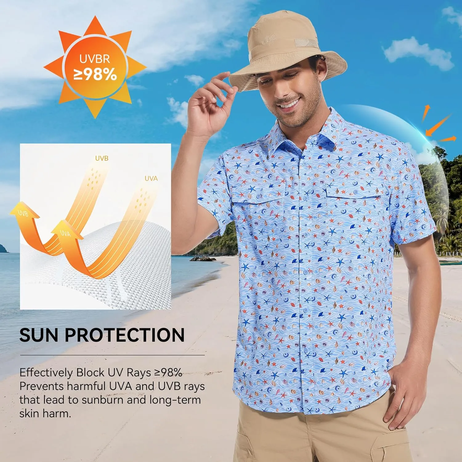 WARHORSEE Printed Fishing Shirts for Men UPF 50  Breathable Stretch Mens Button Down Short Sleeve Hiking Casual Shirts