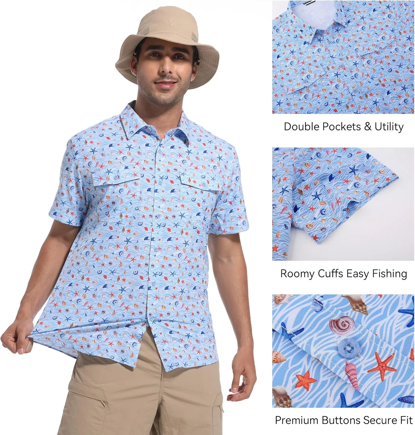 WARHORSEE Printed Fishing Shirts for Men UPF 50  Breathable Stretch Mens Button Down Short Sleeve Hiking Casual Shirts