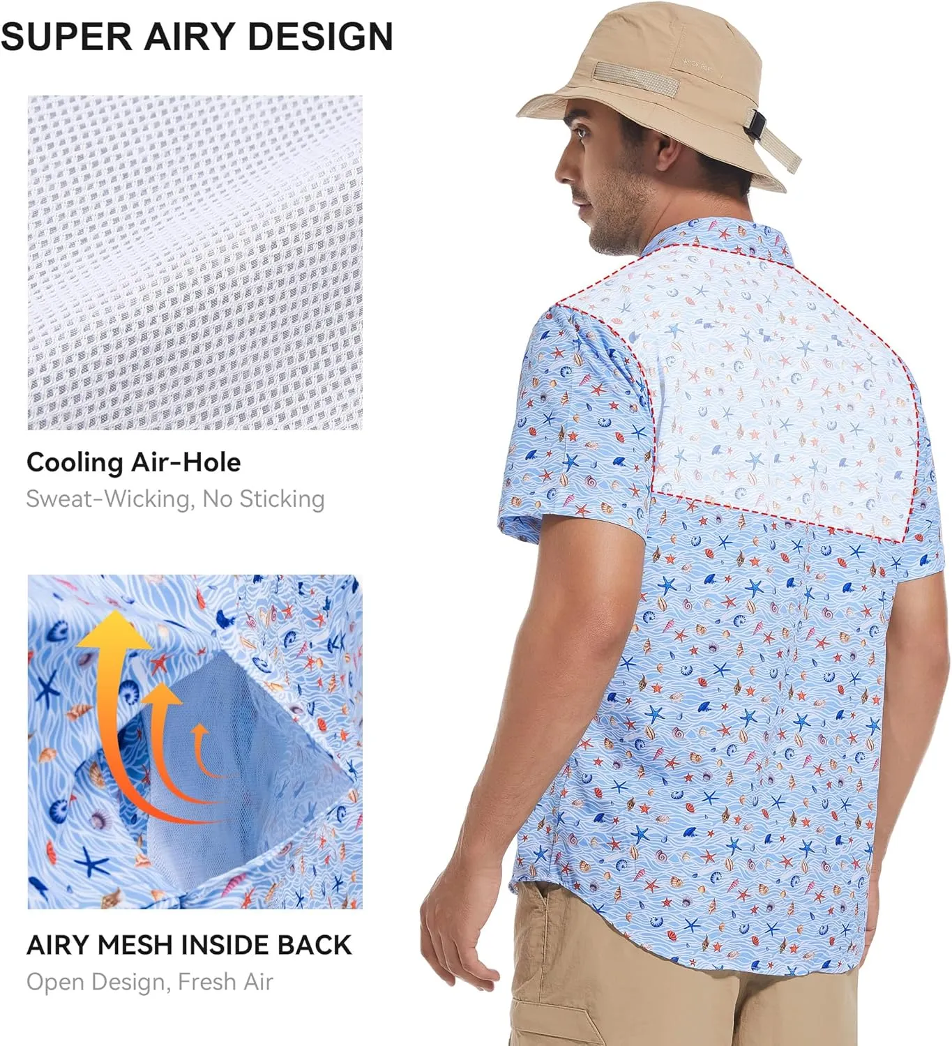 WARHORSEE Printed Fishing Shirts for Men UPF 50  Breathable Stretch Mens Button Down Short Sleeve Hiking Casual Shirts