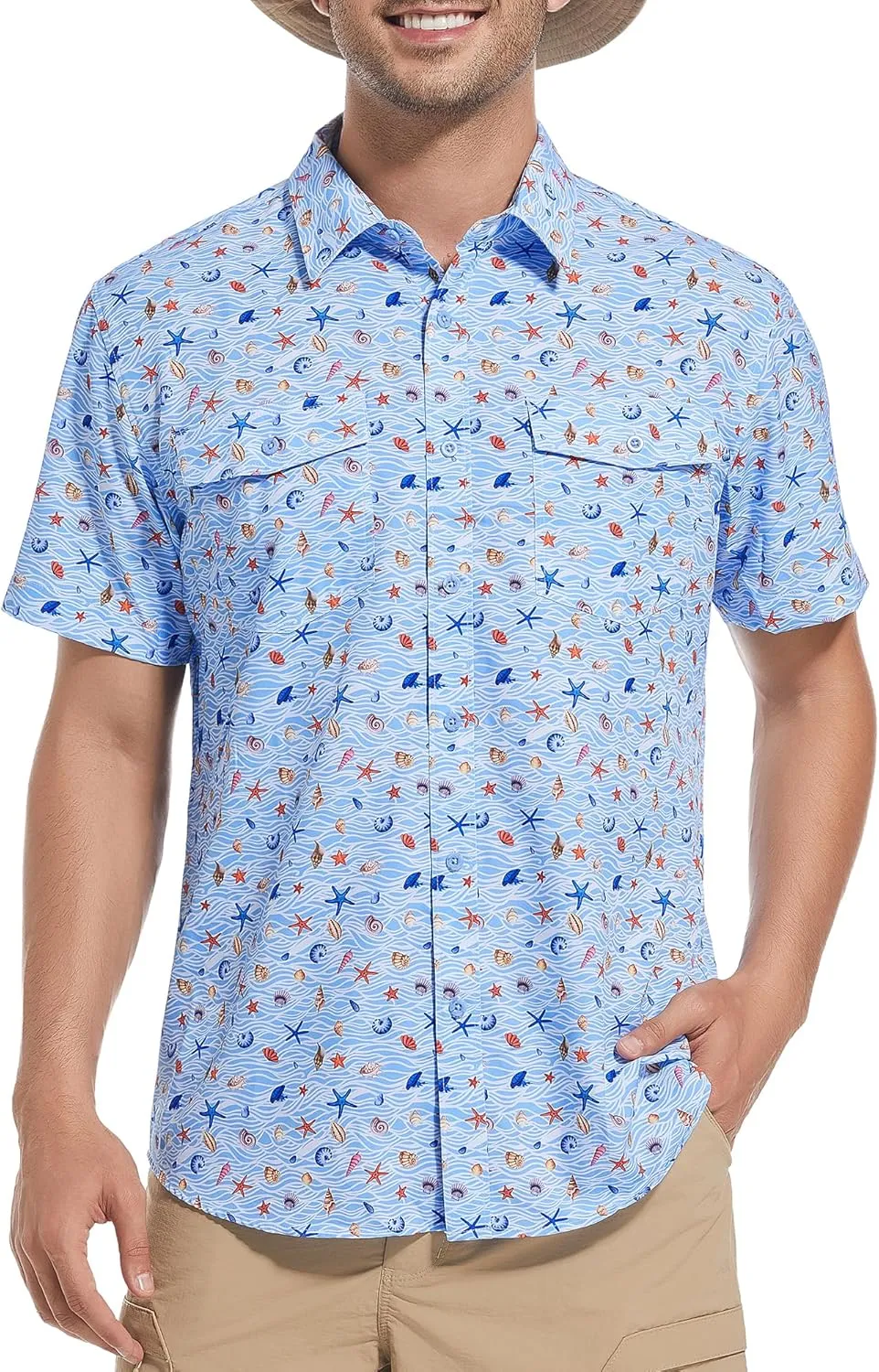 WARHORSEE Printed Fishing Shirts for Men UPF 50  Breathable Stretch Mens Button Down Short Sleeve Hiking Casual Shirts