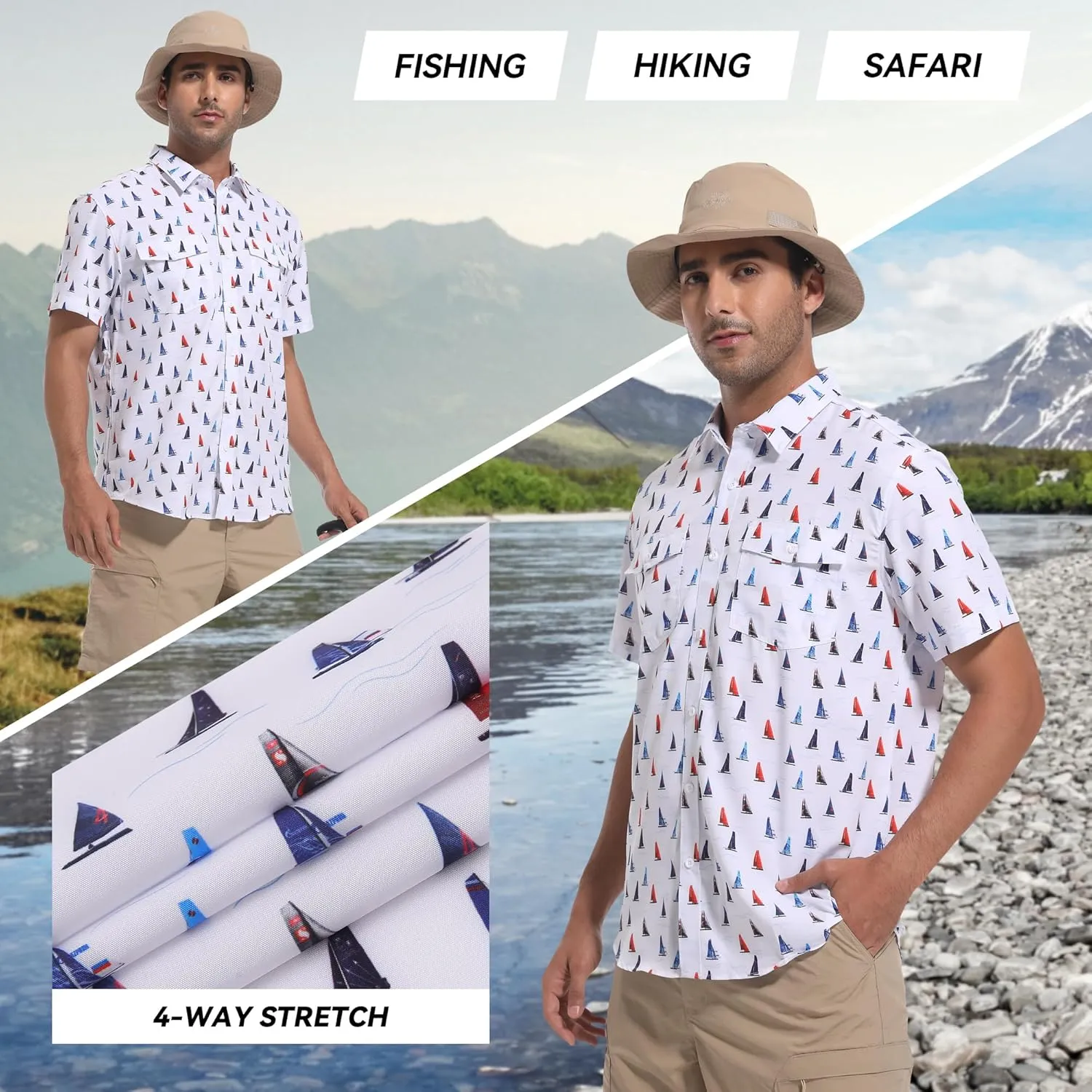 WARHORSEE Printed Fishing Shirts for Men UPF 50  Breathable Stretch Mens Button Down Short Sleeve Hiking Casual Shirts