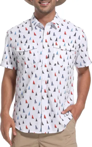 WARHORSEE Printed Fishing Shirts for Men UPF 50  Breathable Stretch Mens Button Down Short Sleeve Hiking Casual Shirts