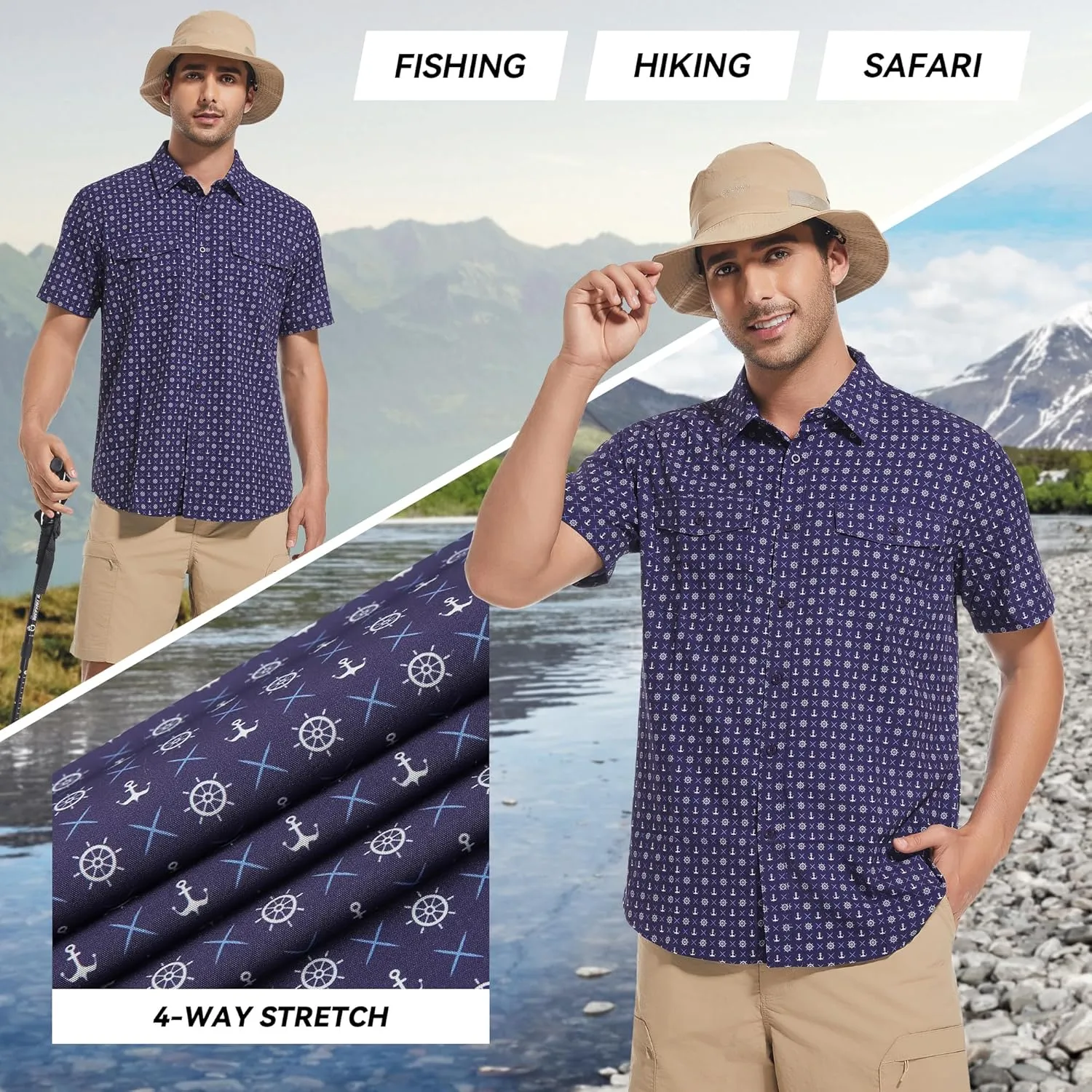 WARHORSEE Printed Fishing Shirts for Men UPF 50  Breathable Stretch Mens Button Down Short Sleeve Hiking Casual Shirts