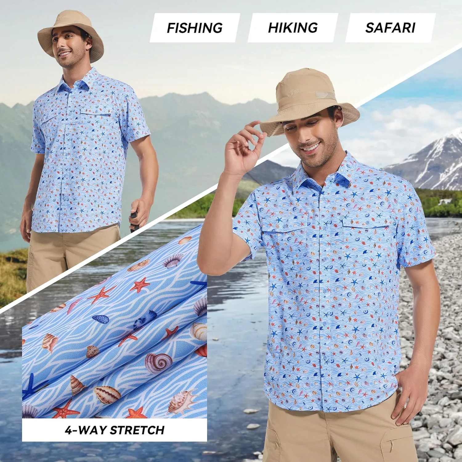 WARHORSEE Printed Fishing Shirts for Men UPF 50  Breathable Stretch Mens Button Down Short Sleeve Hiking Casual Shirts