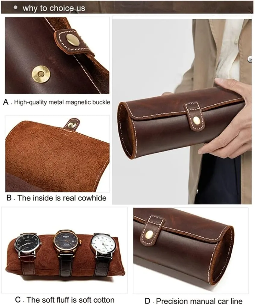 Watch Soft Wrinkle Genuine Leather Pocket Jewelry Bracelet Storage Case Organizer Travel Watch Case Roll Box