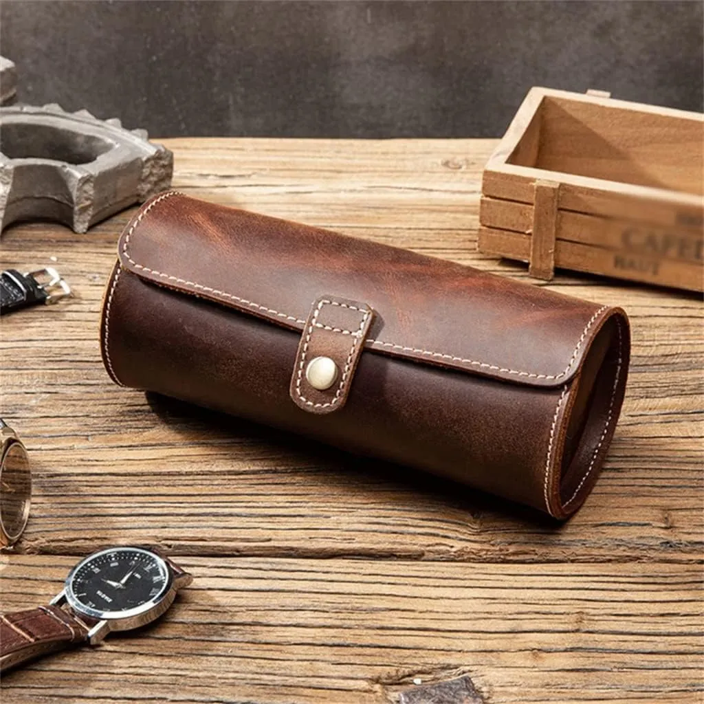 Watch Soft Wrinkle Genuine Leather Pocket Jewelry Bracelet Storage Case Organizer Travel Watch Case Roll Box
