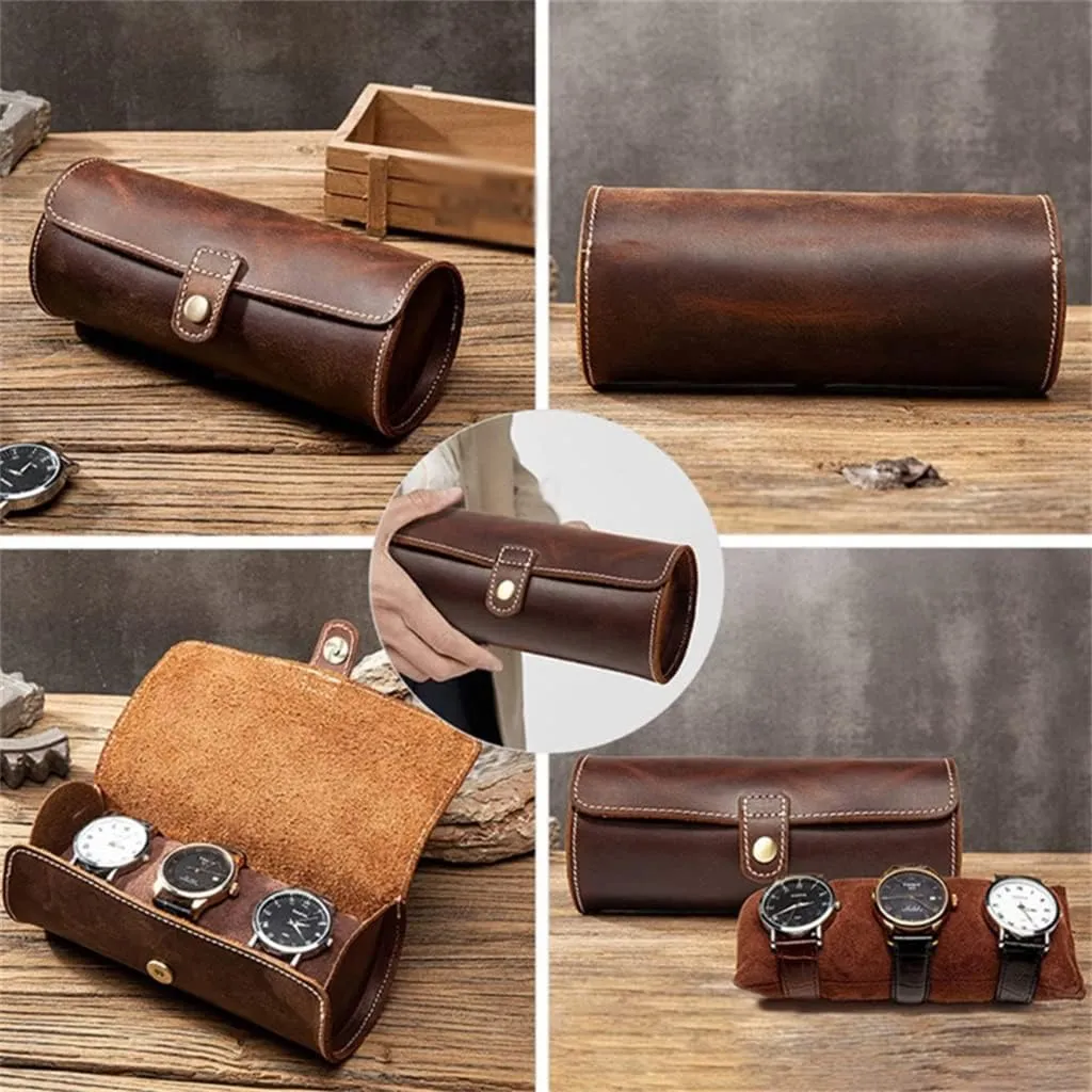 Watch Soft Wrinkle Genuine Leather Pocket Jewelry Bracelet Storage Case Organizer Travel Watch Case Roll Box