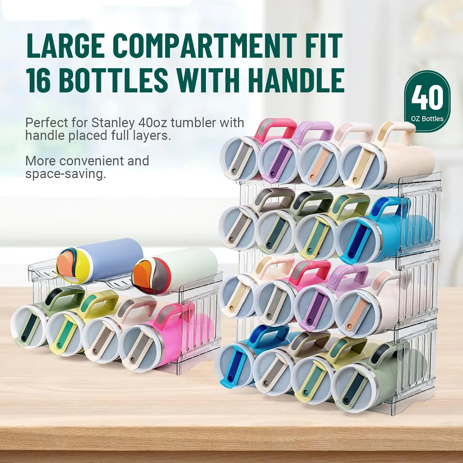 Water Bottle Organizer for Full Stanley 40 oz Tumbler with Handle, Cabinet Pantry Kitchen Organizers and Storage for Owala Stanley Cup Accessories Holder, Patented Stackable Tumbler Organizer Gifts