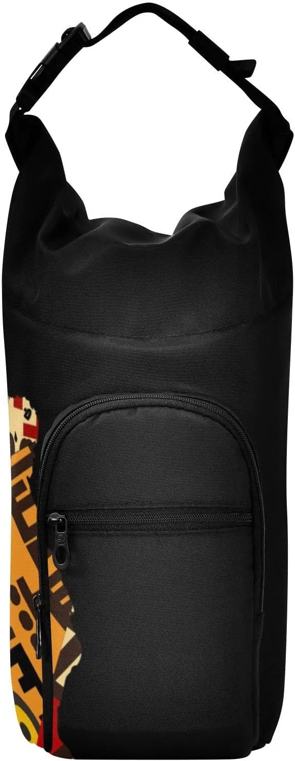 Water Bottle Sling Sleeve Bag, Bottle Carrier Holder Case Cover with Removable Strap Travel Cup Mug Storage with Pockets Africa Map on Tribal Ethnic Patchwork Background