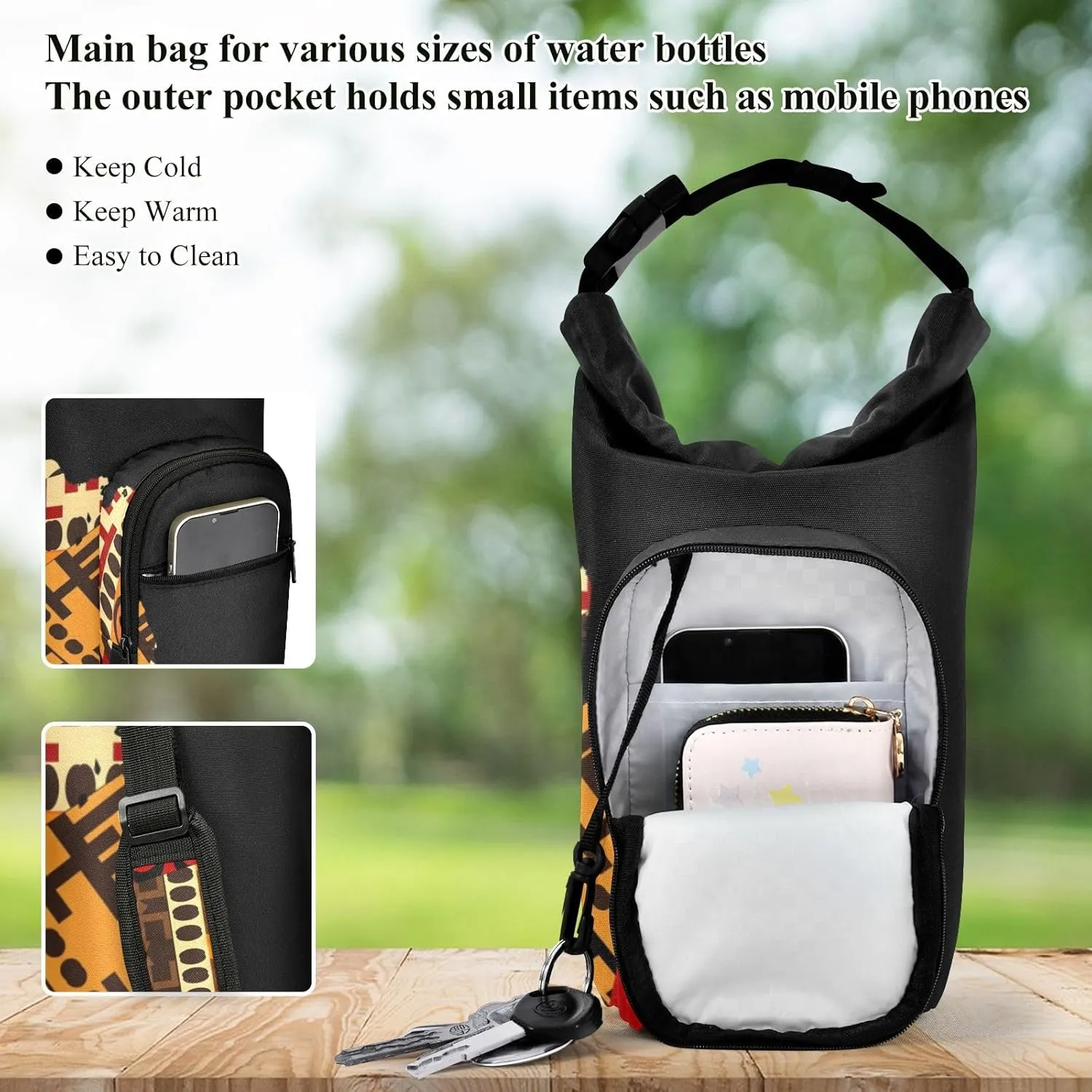 Water Bottle Sling Sleeve Bag, Bottle Carrier Holder Case Cover with Removable Strap Travel Cup Mug Storage with Pockets Africa Map on Tribal Ethnic Patchwork Background